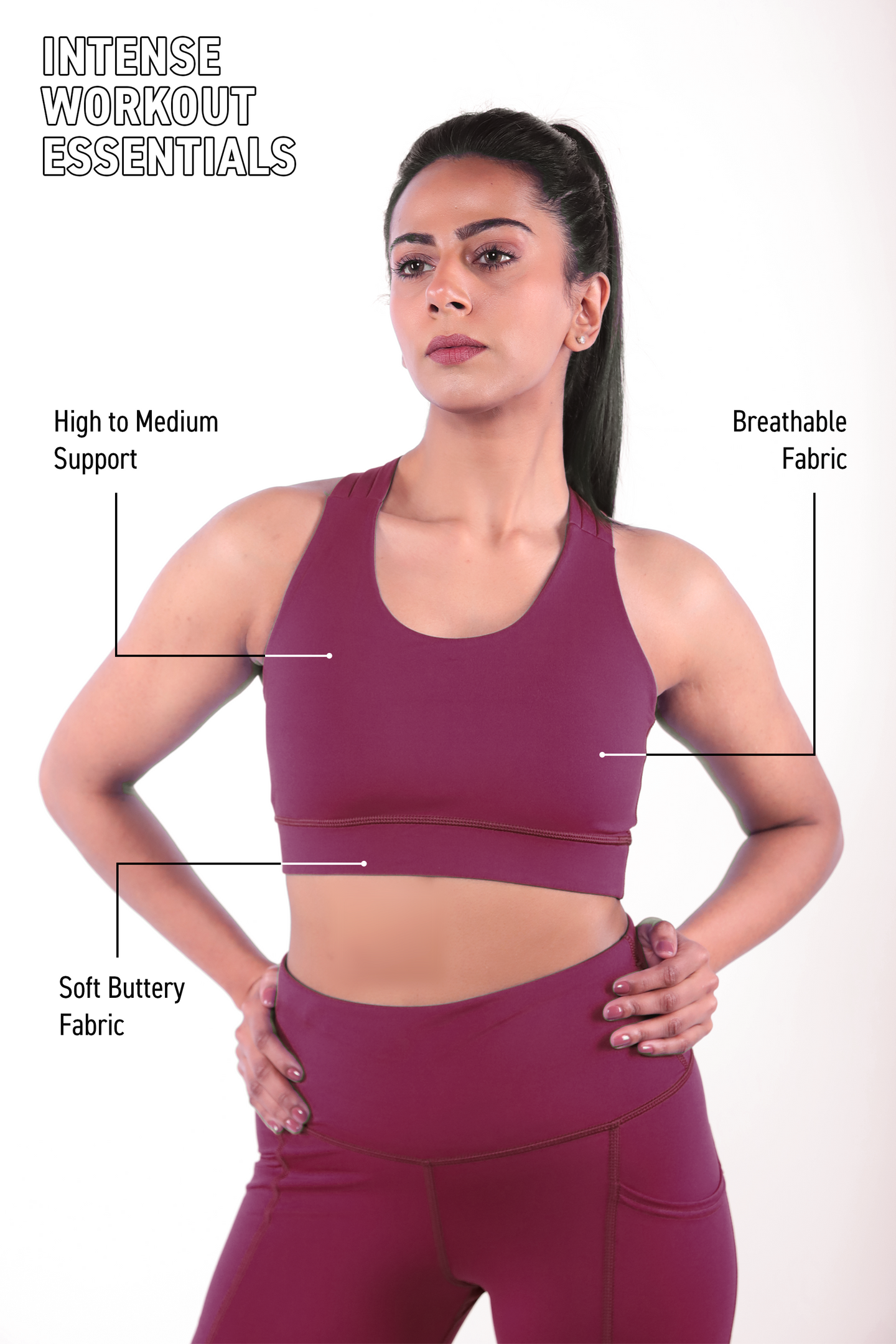 high-waisted maroon leggings and sports bra